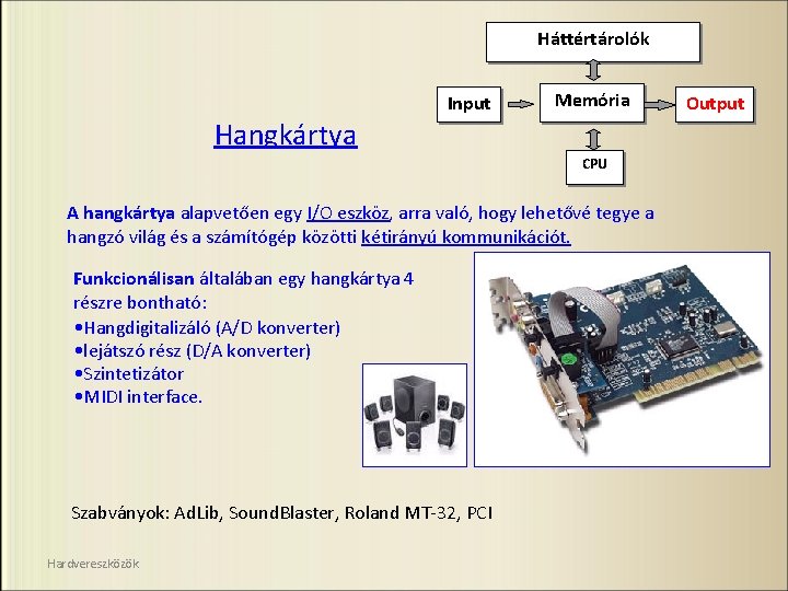 Háttértárolók Input Hangkártya Memória CPU A hangkártya alapvetően egy I/O eszköz, eszköz arra való,