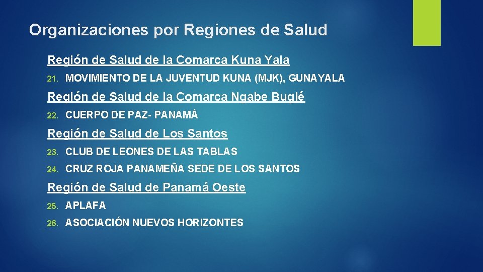 Organizaciones por Regiones de Salud Región de Salud de la Comarca Kuna Yala 21.