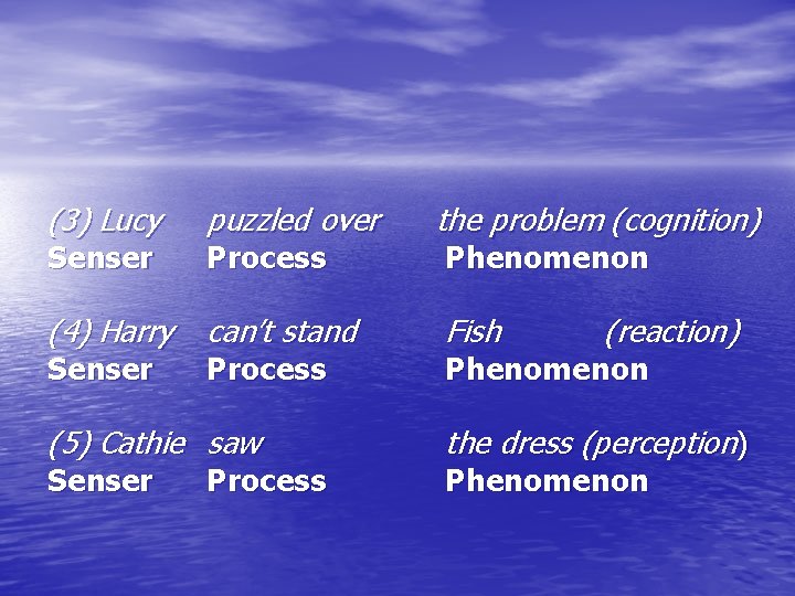 (3) Lucy puzzled over the problem (cognition) (4) Harry can’t stand Fish Senser Process