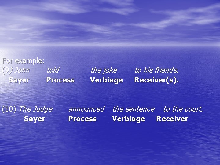 For example: (9) John told Sayer Process (10) The Judge Sayer the joke to For example: (9) John told Sayer Process (10) The Judge Sayer the joke to