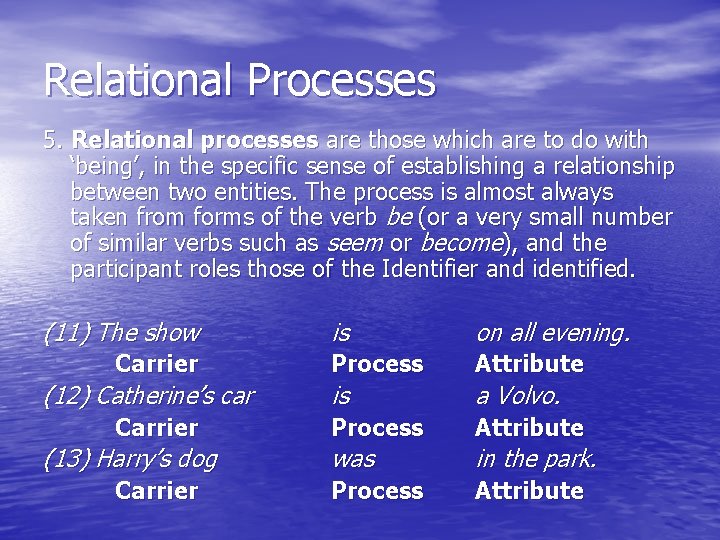 Relational Processes 5. Relational processes are those which are to do with ‘being’, in