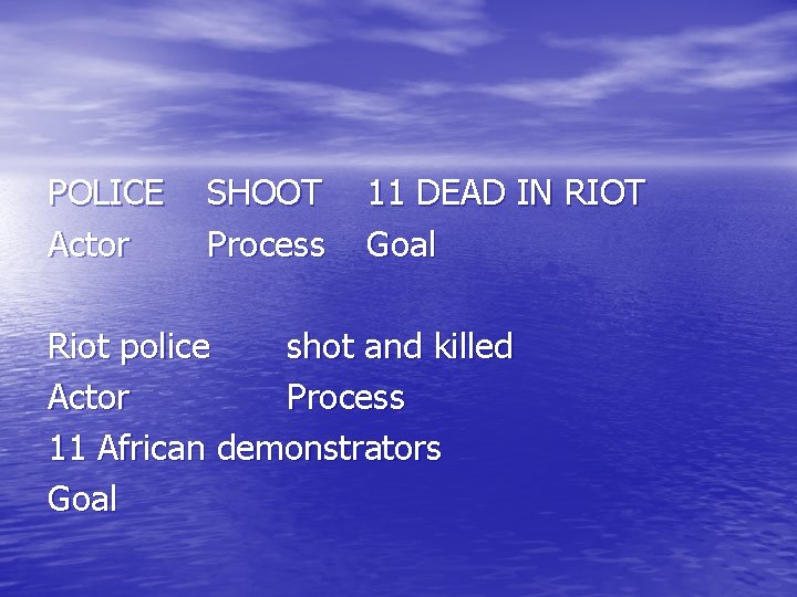 POLICE Actor SHOOT Process 11 DEAD IN RIOT Goal Riot police shot and killed POLICE Actor SHOOT Process 11 DEAD IN RIOT Goal Riot police shot and killed