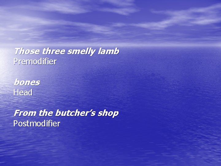 Those three smelly lamb Premodifier bones Head From the butcher’s shop Postmodifier Those three smelly lamb Premodifier bones Head From the butcher’s shop Postmodifier