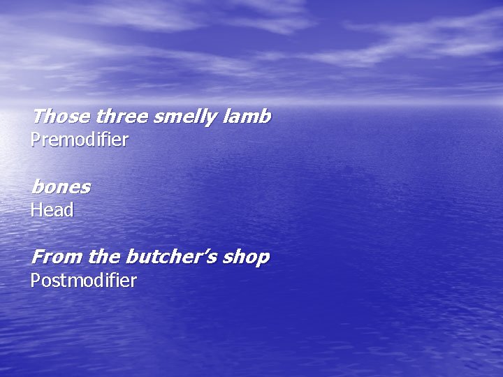 Those three smelly lamb Premodifier bones Head From the butcher’s shop Postmodifier 