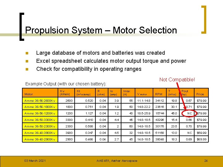 Propulsion System – Motor Selection n Large database of motors and batteries was created