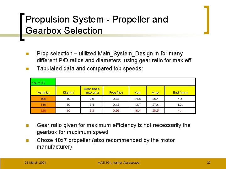 Propulsion System - Propeller and Gearbox Selection n n Prop selection – utilized Main_System_Design.