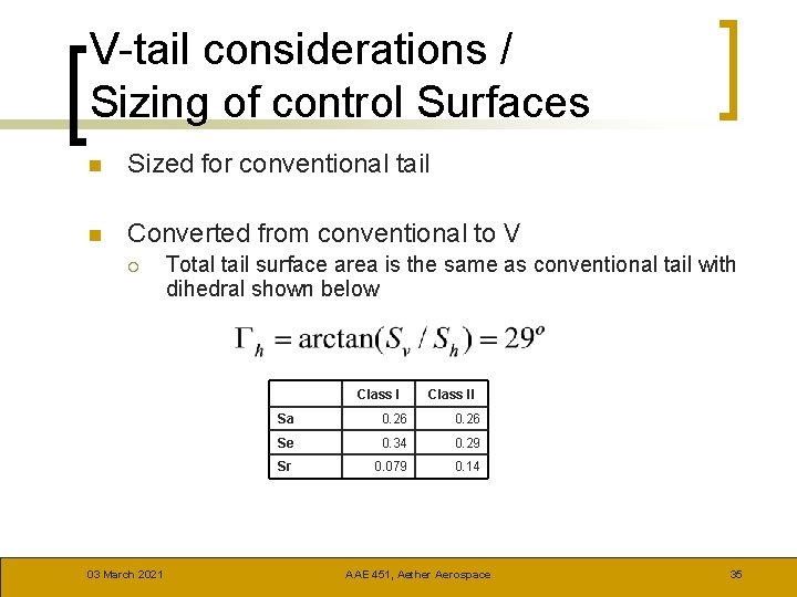 V-tail considerations / Sizing of control Surfaces n Sized for conventional tail n Converted