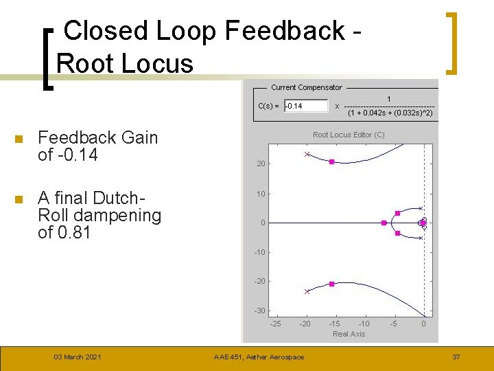  Closed Loop Feedback - Root Locus n Feedback Gain of -0. 14 n