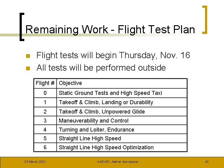 Remaining Work - Flight Test Plan n n Flight tests will begin Thursday, Nov.