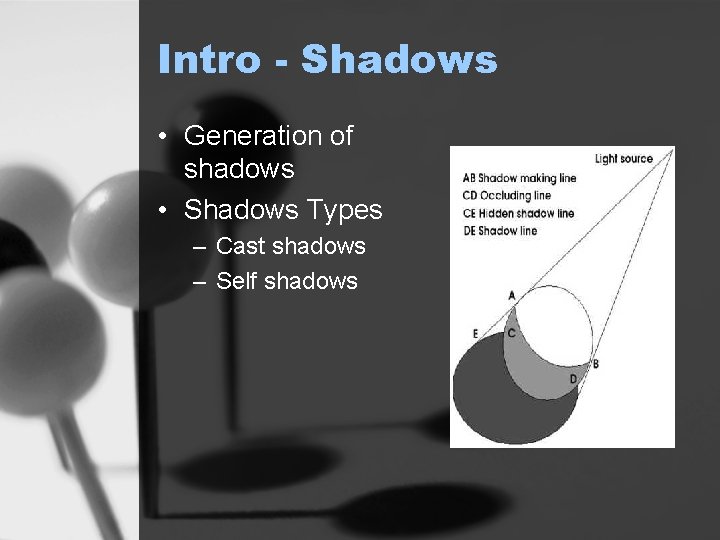Intro - Shadows • Generation of shadows • Shadows Types – Cast shadows –