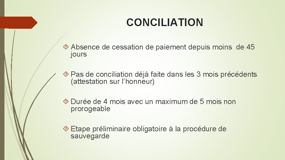 CONCILIATION Absence de cessation de paiement depuis moins de 45 jours Pas de conciliation