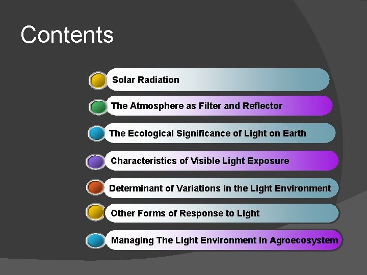 Contents Solar Radiation The Atmosphere as Filter and Reflector The Ecological Significance of Light