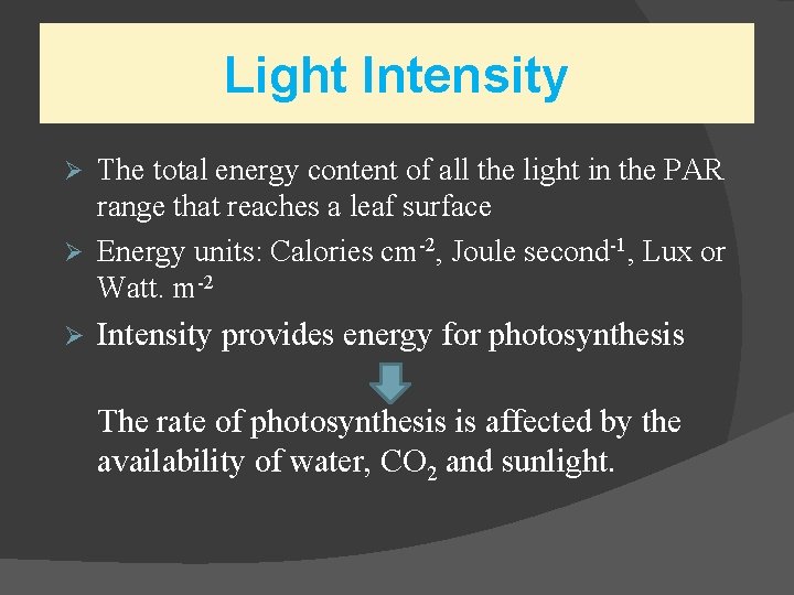 Light Intensity The total energy content of all the light in the PAR range