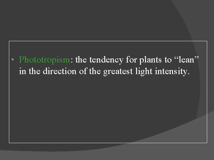  • Phototropism: the tendency for plants to “lean” in the direction of the