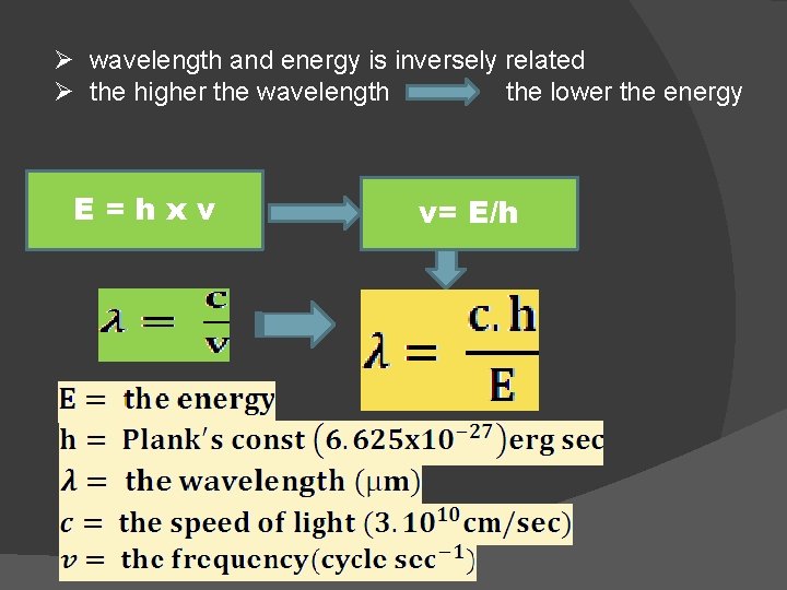 Ø wavelength and energy is inversely related Ø the higher the wavelength the lower