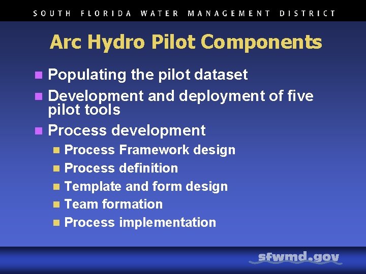 Arc Hydro Pilot Components Populating the pilot dataset n Development and deployment of five