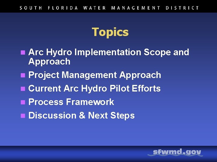 Topics n Arc Hydro Implementation Scope and Approach Project Management Approach n Current Arc