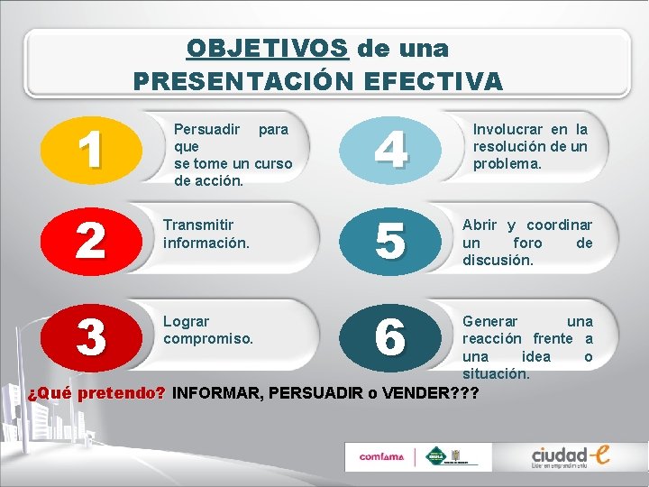 OBJETIVOS de una PRESENTACIÓN EFECTIVA 4 Involucrar en la resolución de un problema. 1