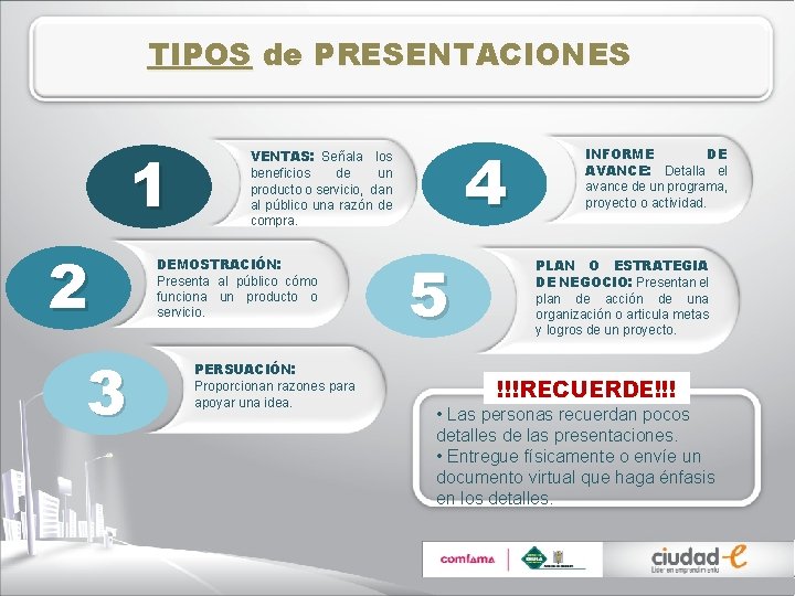 TIPOS de PRESENTACIONES 1 2 3 4 VENTAS: Señala los beneficios de un producto