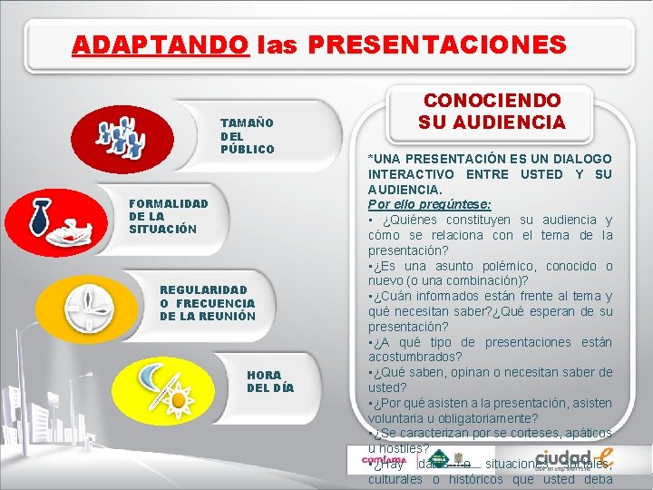 ADAPTANDO las PRESENTACIONES TAMAÑO DEL PÚBLICO FORMALIDAD DE LA SITUACIÓN REGULARIDAD O FRECUENCIA DE