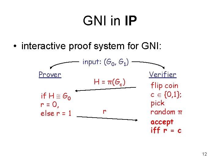 GNI in IP • interactive proof system for GNI: input: (G 0, G 1)