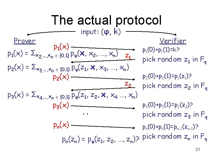 The actual protocol Prover input: (φ, k) p 1(x) = Σx 2, …, xn