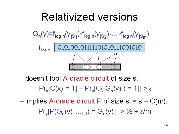 Relativized versions Gn(y)=flog n(y|S 1)◦flog n(y|S 2)◦…◦flog n(y|Sm) flog n: 010100101111101010111001010 – doesn’t fool