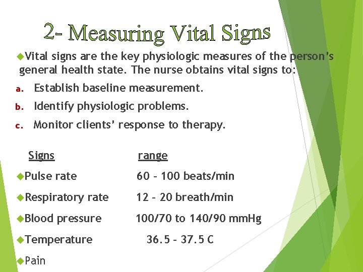  Vital signs are the key physiologic measures of the person’s general health state.