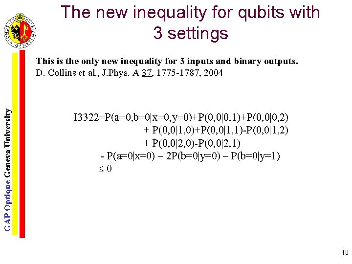 The new inequality for qubits with 3 settings GAP Optique Geneva University This is
