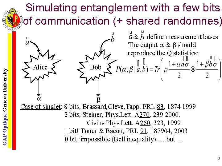 Simulating entanglement with a few bits of communication (+ shared randomnes) GAP Optique Geneva