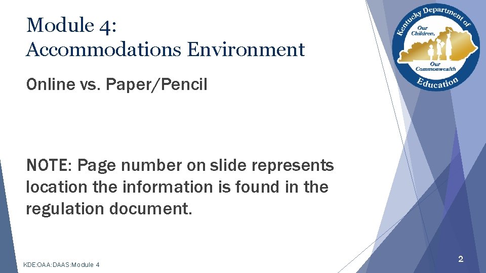 Module 4: Accommodations Environment Online vs. Paper/Pencil NOTE: Page number on slide represents location