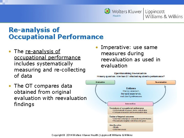 Re-analysis of Occupational Performance • The re-analysis of occupational performance includes systematically measuring and