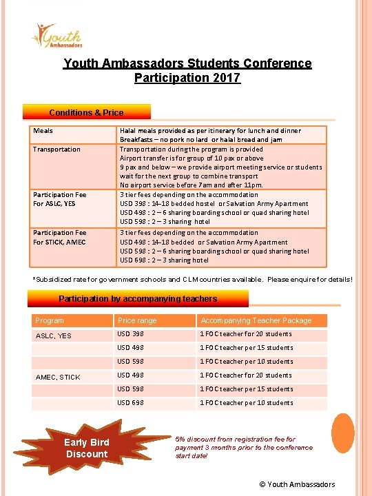 Youth Ambassadors Students Conference Participation 2017 Conditions & Price Meals Transportation Participation Fee For