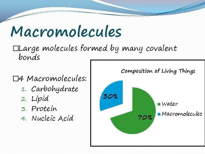 Macromolecules �Large molecules formed by many covalent bonds � 4 Macromolecules: 1. Carbohydrate 2.