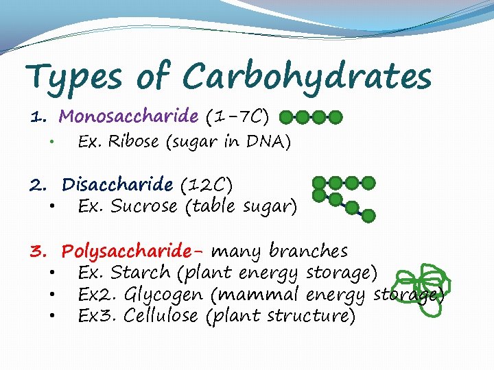 Types of Carbohydrates 1. Monosaccharide (1 -7 C) • Ex. Ribose (sugar in DNA)