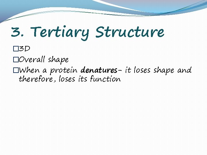 3. Tertiary Structure � 3 D �Overall shape �When a protein denatures- it loses