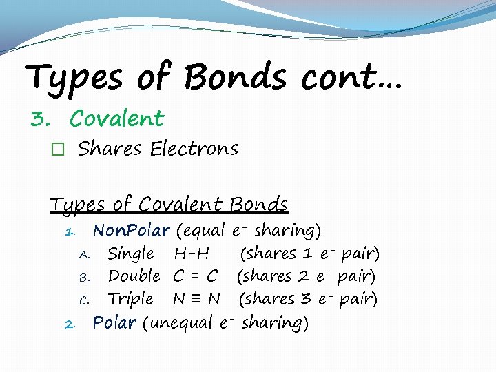 Types of Bonds cont… 3. Covalent � Shares Electrons Types of Covalent Bonds Non.