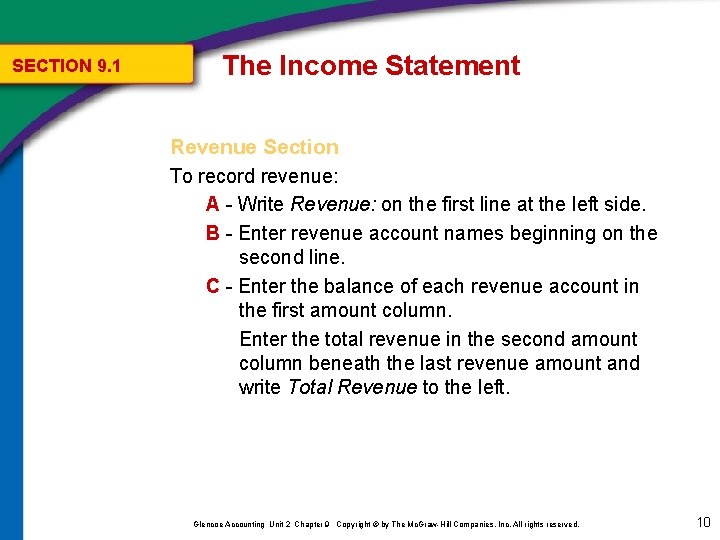 SECTION 9. 1 The Income Statement Revenue Section To record revenue: A - Write