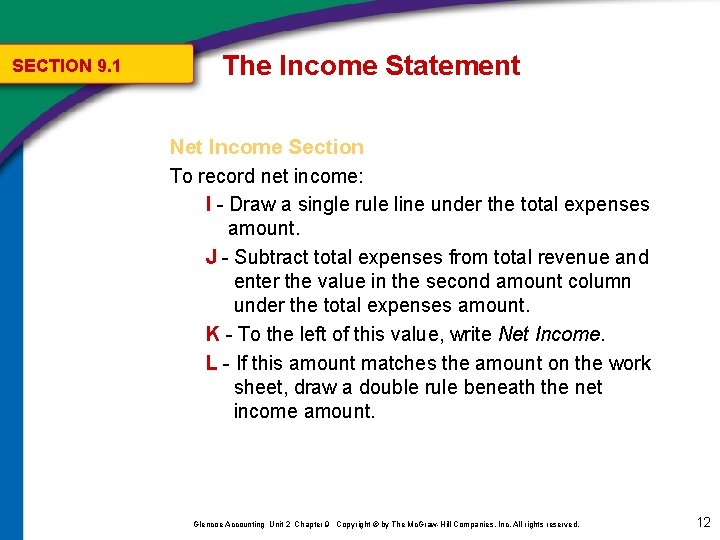 SECTION 9. 1 The Income Statement Net Income Section To record net income: I