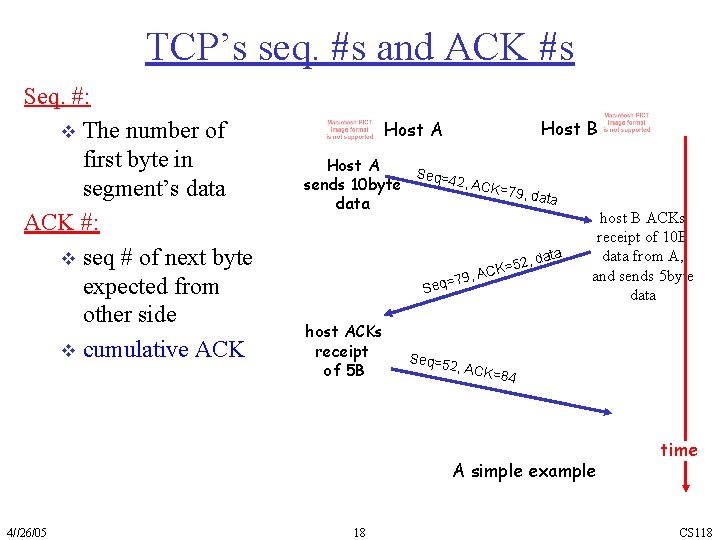 TCP’s seq. #s and ACK #s Seq. #: v The number of first byte