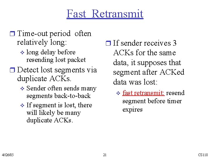 Fast Retransmit r Time-out period often relatively long: v r If sender receives 3