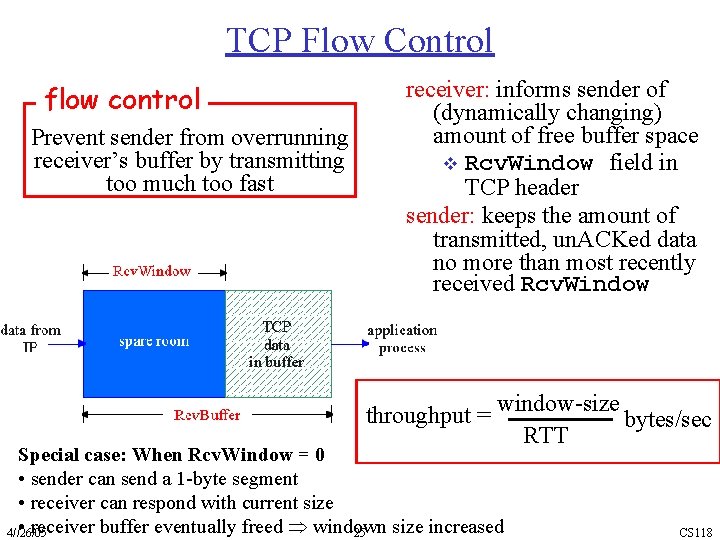 TCP Flow Control flow control Prevent sender from overrunning receiver’s buffer by transmitting too