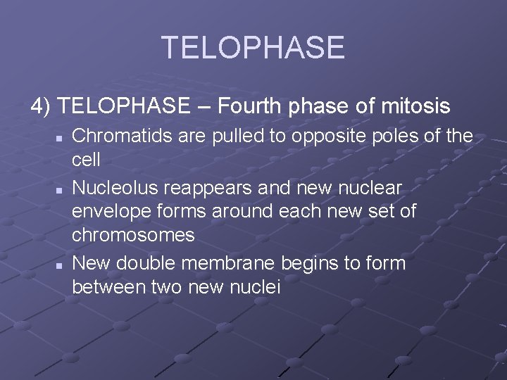 TELOPHASE 4) TELOPHASE – Fourth phase of mitosis n n n Chromatids are pulled TELOPHASE 4) TELOPHASE – Fourth phase of mitosis n n n Chromatids are pulled