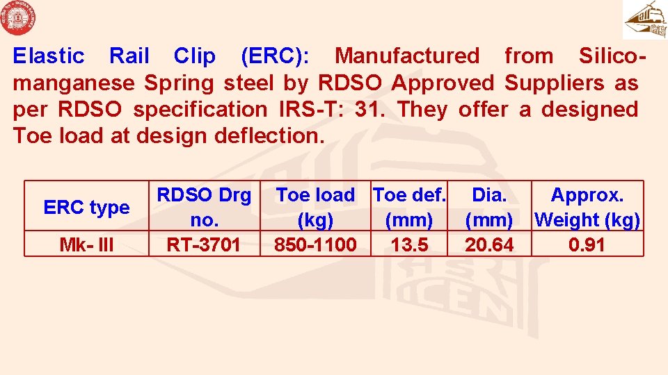 Elastic Rail Clip (ERC): Manufactured from Silicomanganese Spring steel by RDSO Approved Suppliers as