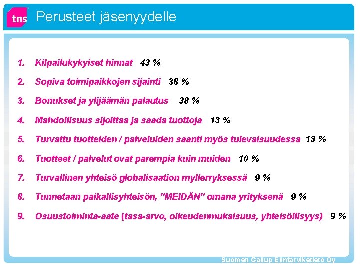 Perusteet jäsenyydelle 1. Kilpailukykyiset hinnat 43 % 2. Sopiva toimipaikkojen sijainti 38 % 3.