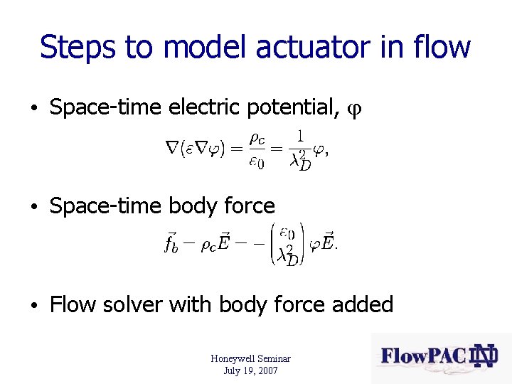 Steps to model actuator in flow • Space-time electric potential, • Space-time body force