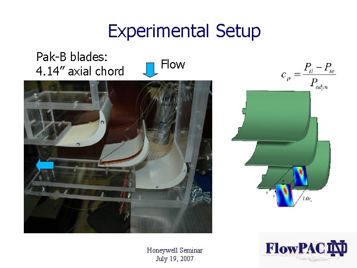 Experimental Setup Pak-B blades: 4. 14” axial chord Flow Honeywell Seminar July 19, 2007