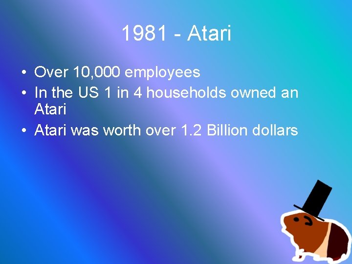 1981 - Atari • Over 10, 000 employees • In the US 1 in