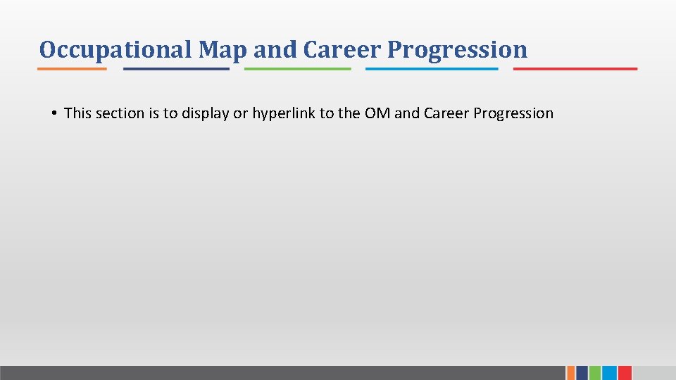 Occupational Map and Career Progression • This section is to display or hyperlink to