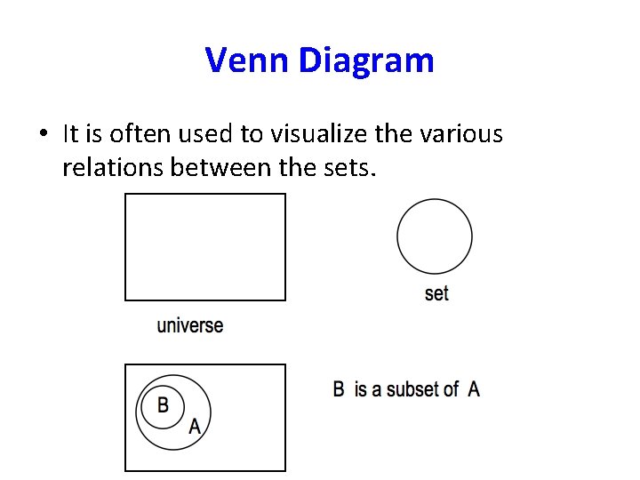 Venn Diagram • It is often used to visualize the various relations between the